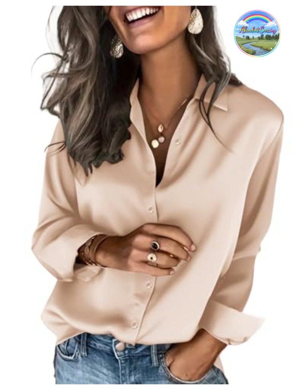 Satin Button Down Blouse Long Sleeve V-Neck Shirt for Women